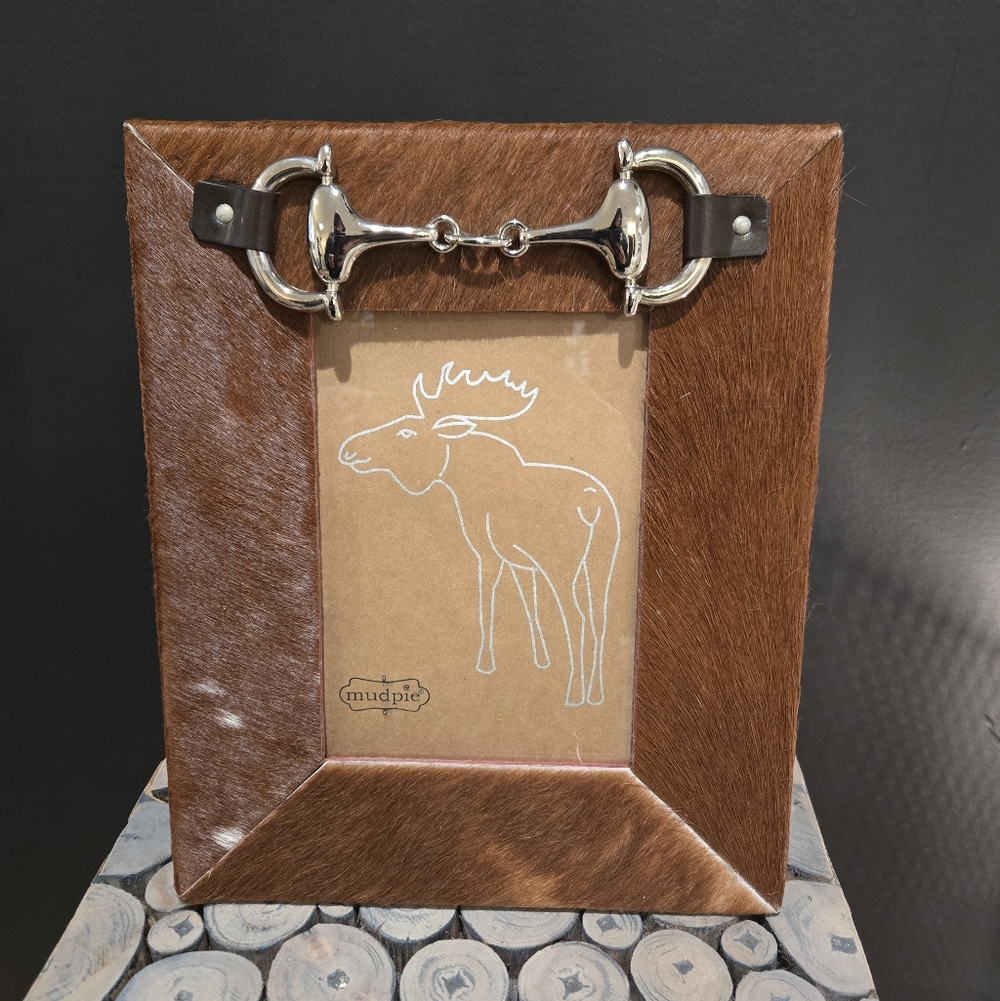 Mud Pie Cow hide with snaffle bit Picture frame, holds 5"x7" pic, EUC